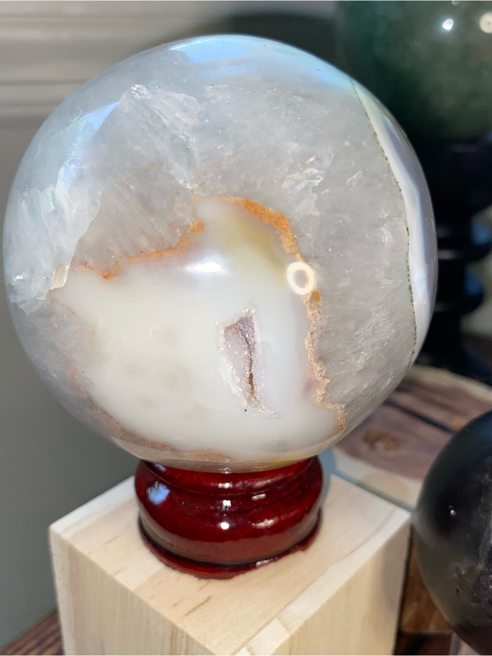 Large Natural Agate + Quartz Sphere | Blue Gray Chalcedony | Sparkly Druzy Cave - Picture 5 of 11